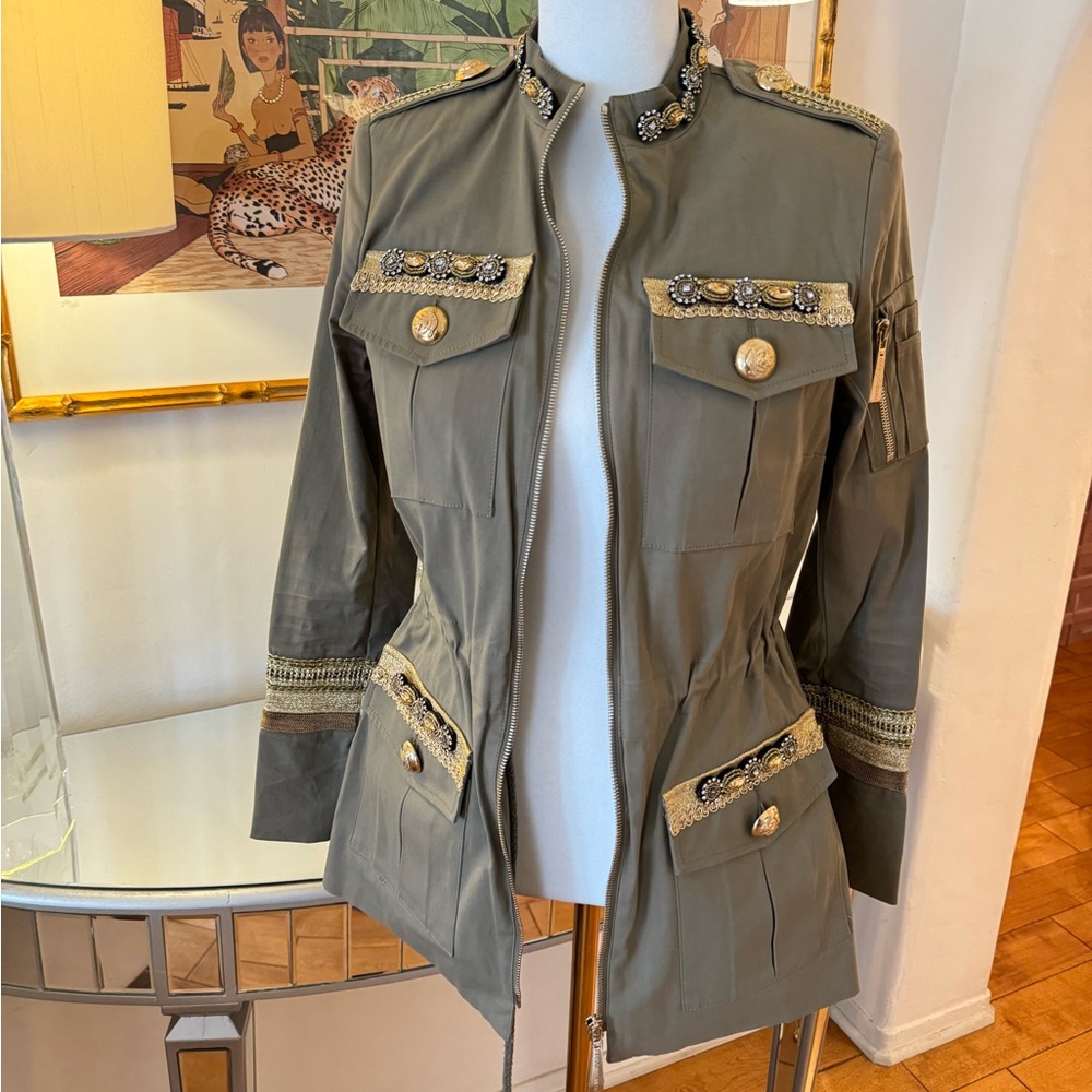 FLAVIO CASTELLANI Khaki Gold Embellished Jacket. Made In Italy.